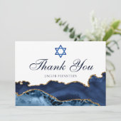 Navy Blue Gold Agate Modern Custom Bar Mitzvah Thank You Card (Standing Front)