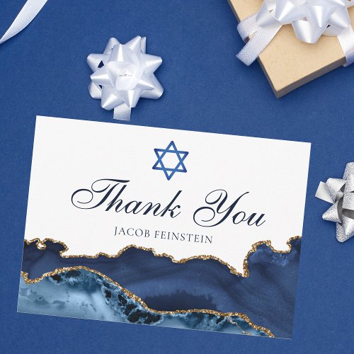 Navy Blue Gold Agate Modern Custom Bar Mitzvah Thank You Card
