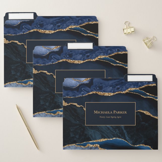 Navy Blue Gold Agate Modern Professional  File Fol Folder (Set)
