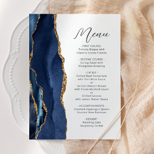 Navy Blue Gold Agate Modern Script Wedding Menu