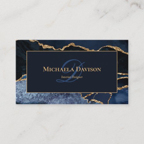 Navy Blue Gold Agate Monogram Elegant Business Card