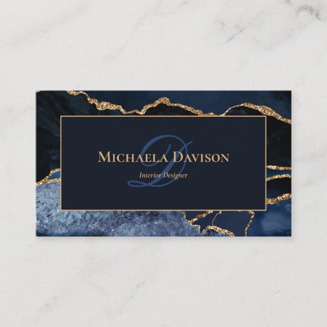 Navy Blue Gold Agate Monogram Elegant Business Card (Front)