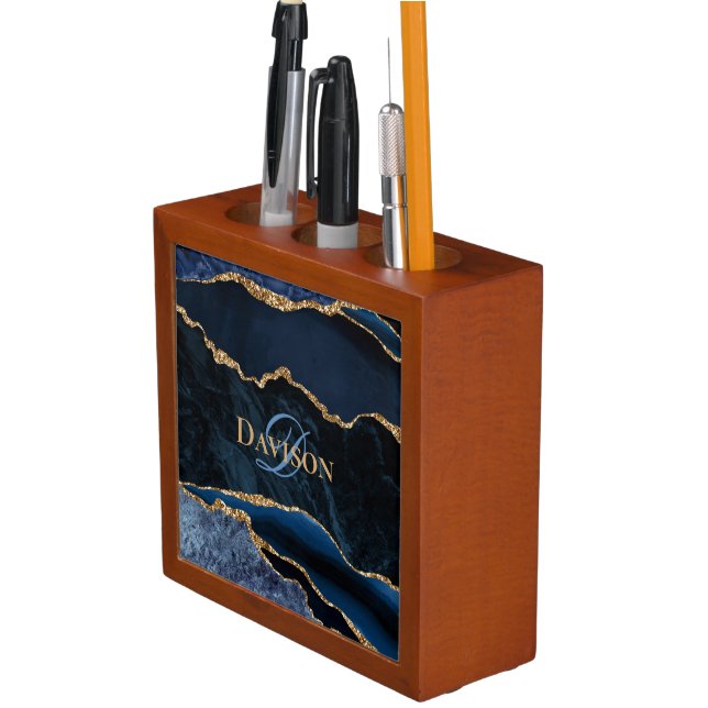 Navy Blue Gold Agate Monogram Elegant Desk Organizer (In Situ)
