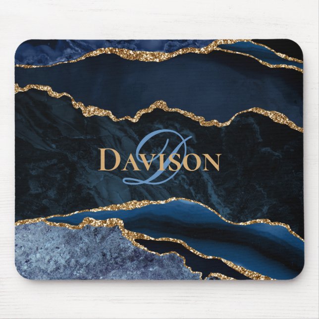 Navy Blue Gold Agate Monogram Elegant Mouse Pad (Front)