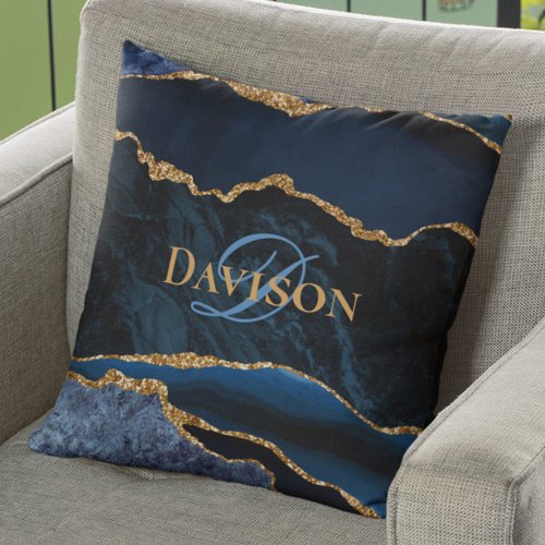 Navy Blue Gold Agate Monogram Elegant Throw Pillow