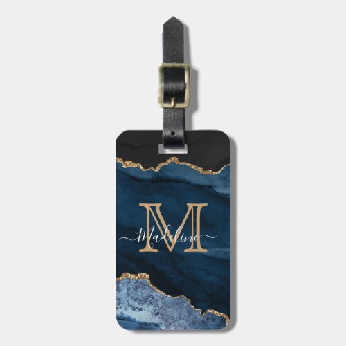 Navy Blue Gold Agate Monogram Name Script Initial Luggage Tag