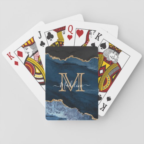 Navy Blue Gold Agate Monogram Name Script Initial Poker Cards