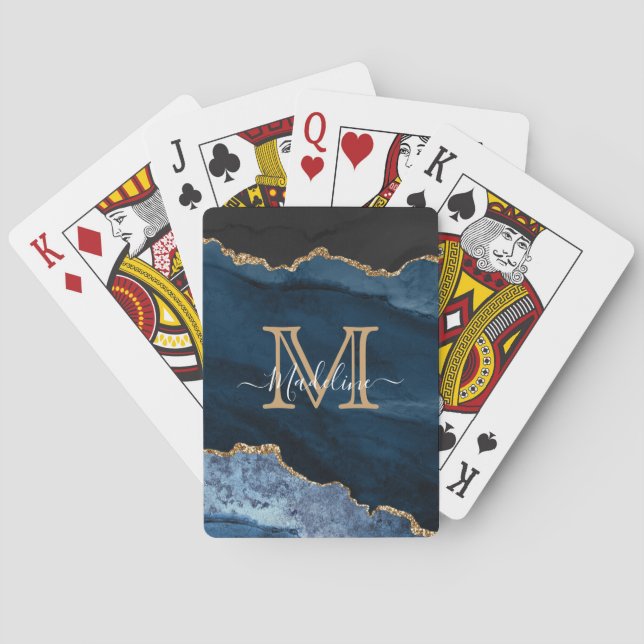 Navy Blue Gold Agate Monogram Name Script Initial Poker Cards (Back)