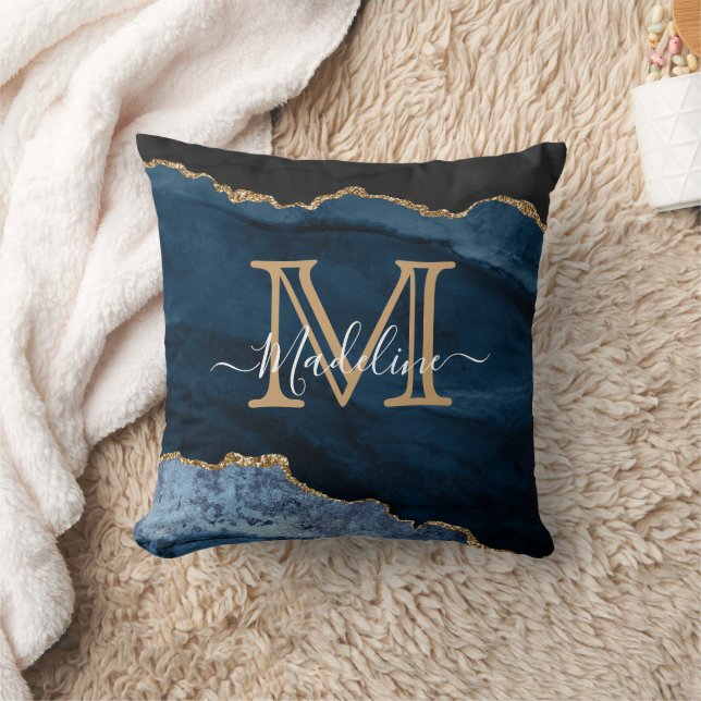 Navy Blue Gold Agate Monogram Name Script Initial Throw Pillow (Blanket)
