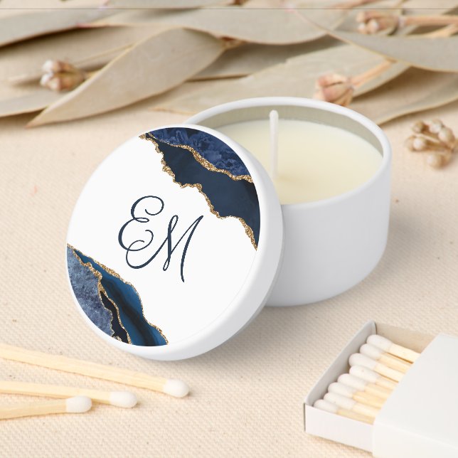 Navy Blue Gold Agate Monogram Wedding Mini Candle Favors (Insitu)