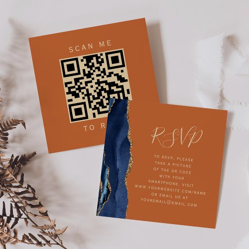 Navy Blue Gold Agate Orange Wedding QR Code RSVP Enclosure Card