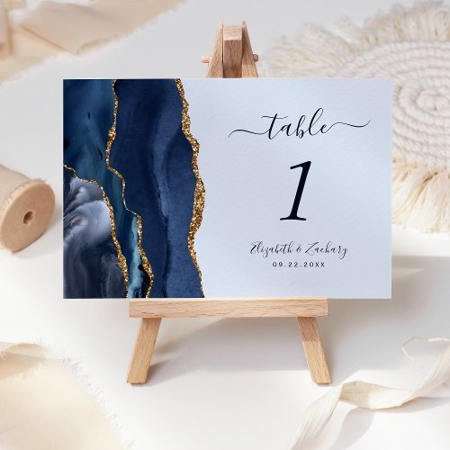 Navy Blue Gold Agate Pastel Wedding Table Number