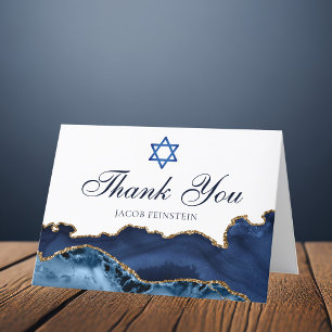 Navy Blue Gold Agate Personalized Bar Mitzvah Letterpress Thank You Card