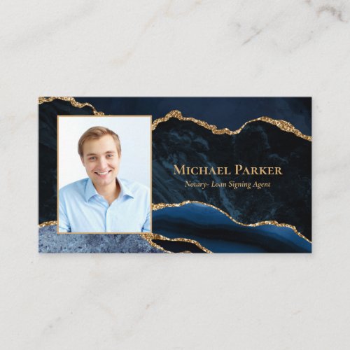 Navy Blue Gold Agate Photo Professional Business Card