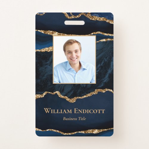 Navy Blue Gold Agate Professional ID Badge