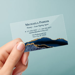 Navy Blue Gold Agate Professional Notary Clear Business Cards