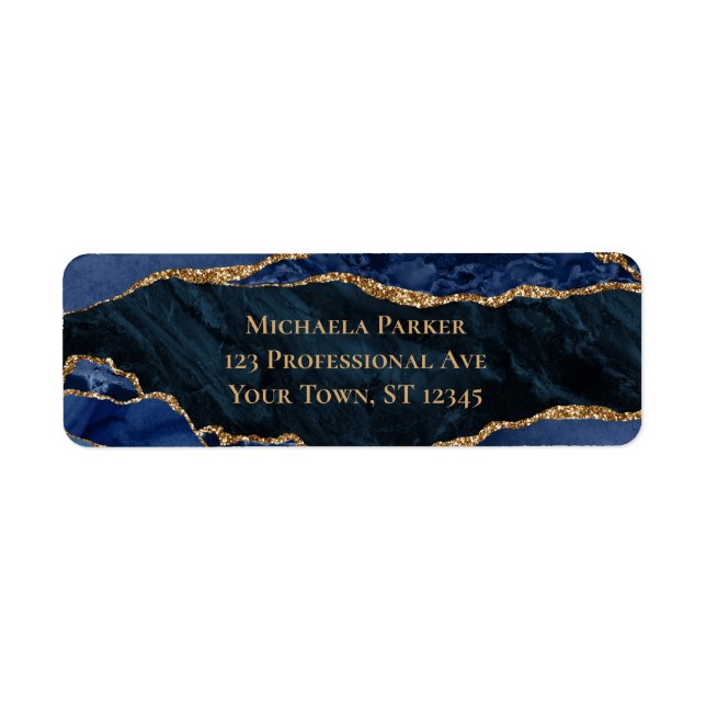 Navy Blue Gold Agate Professional Return Address Label (Front)