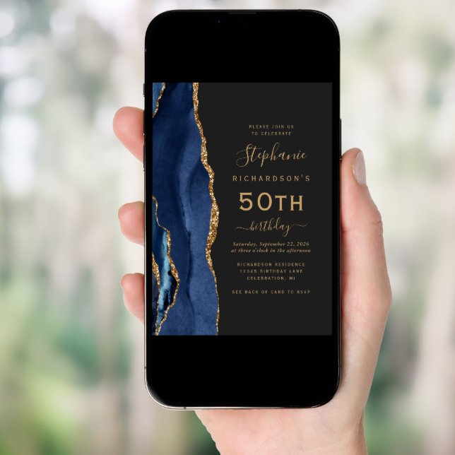 Navy Blue Gold Agate QR Code 50th Birthday Invitation (Front Digital)