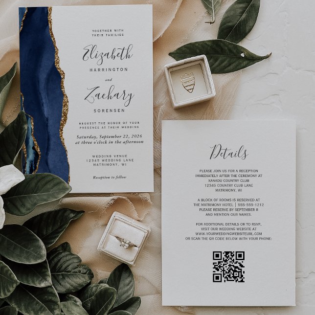 Navy Blue Gold Agate QR Code Wedding Invitation (Creator Uploaded)