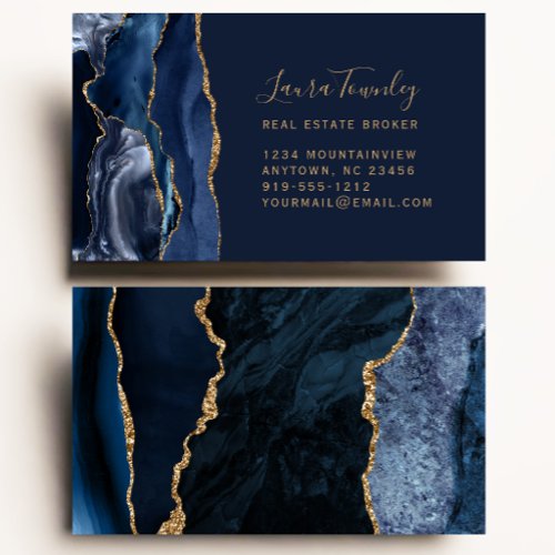 Navy Blue Gold Agate Real Estate Business Card