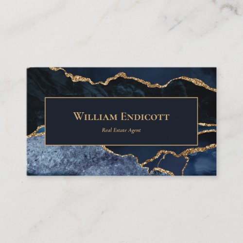 Navy Blue Gold Agate Real Estate Professional Business Card