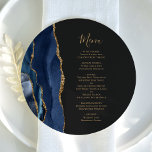 Navy Blue Gold Agate Round Plate Wedding Menu<br><div class="desc">The left-hand edge of this elegant modern wedding menu features a navy blue watercolor agate border trimmed with faux gold glitter. The customizable text combines gold-colored whimsical handwriting script and copperplate fonts on a slate black background. The reverse side features a matching navy blue and gold agate design.</div>