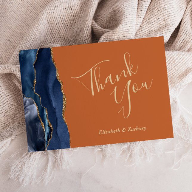 Navy Blue Gold Agate Rust Wedding Flat Thank You Card (Creator Uploaded)