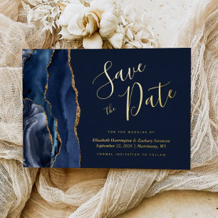 Navy Blue Gold Agate Save the Date Foil Invitation