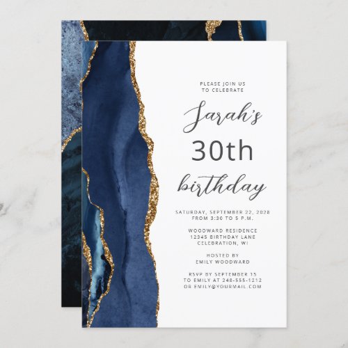 Navy Blue Gold Agate Script 30th Birthday Invitation