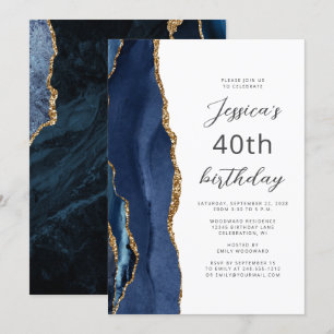 Navy Blue Gold Agate Script 40th Birthday Invitation