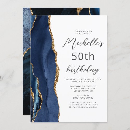 Navy Blue Gold Agate Script 50th Birthday Invitation