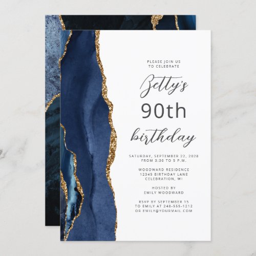 Navy Blue Gold Agate Script 90th Birthday Invitation
