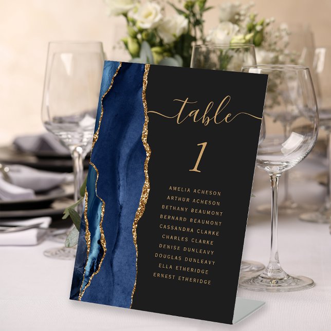 Navy Blue Gold Agate Script Dark Wedding Table Pedestal Sign (Creator Uploaded)