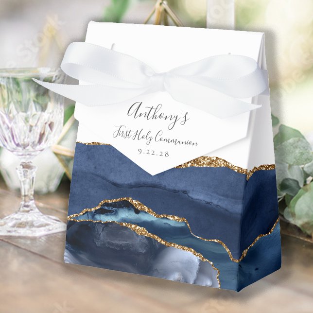 Navy Blue Gold Agate Script First Communion Favor Boxes (Creator Uploaded)