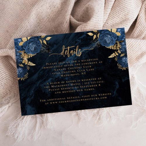 Navy Blue Gold Agate Script Wedding Details Enclosure Card