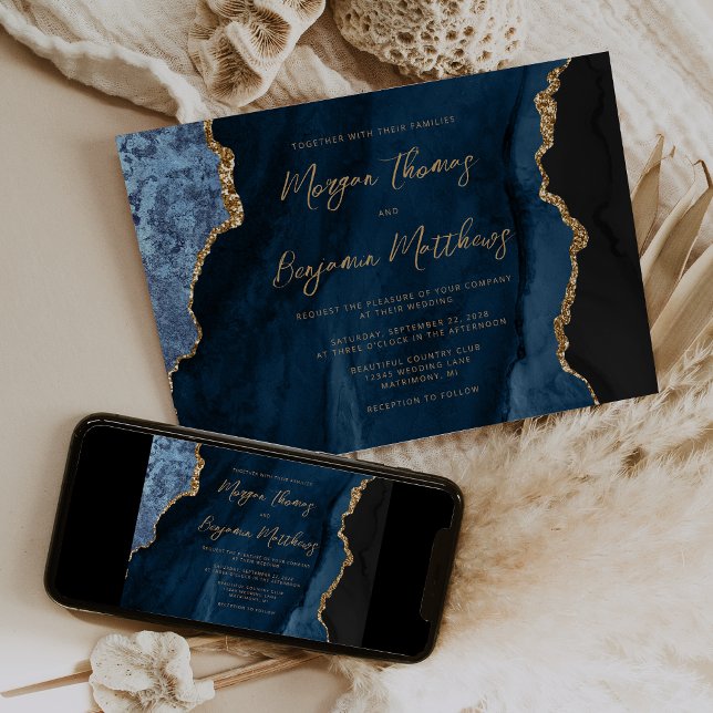 Navy Blue Gold Agate Script Wedding Invitation (Creator Uploaded)