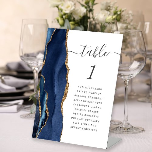 Navy Blue Gold Agate Script Wedding Table Number Pedestal Sign