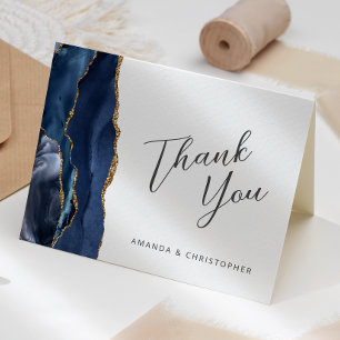 Navy Blue Gold Agate Script Wedding Thank You Card