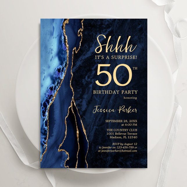 Navy Blue Gold Agate Surprise 50th Birthday Invitation (Creator Uploaded)