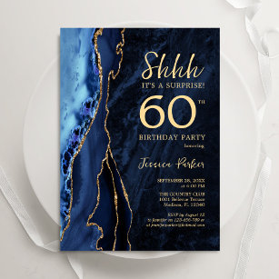 Navy Blue Gold Agate Surprise 60th Birthday Invitation