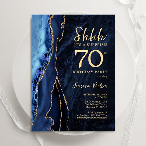 Navy Blue Gold Agate Surprise 70th Birthday Invitation