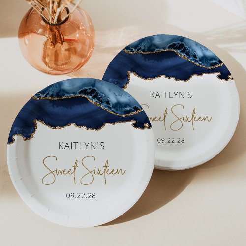 Navy Blue Gold Agate Sweet 16 Birthday Party Paper Plates