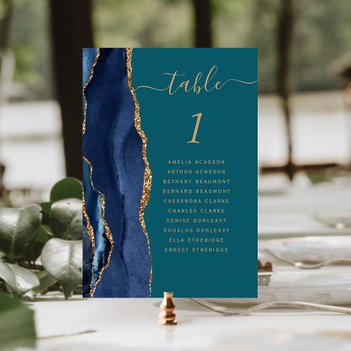 Navy Blue Gold Agate Teal Wedding Table Number