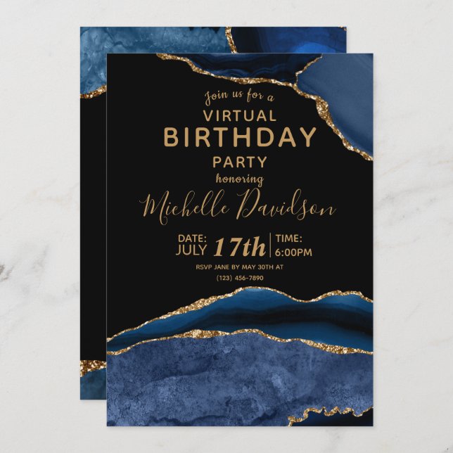 Navy Blue & Gold Agate Virtual Birthday Invitation (Front/Back)