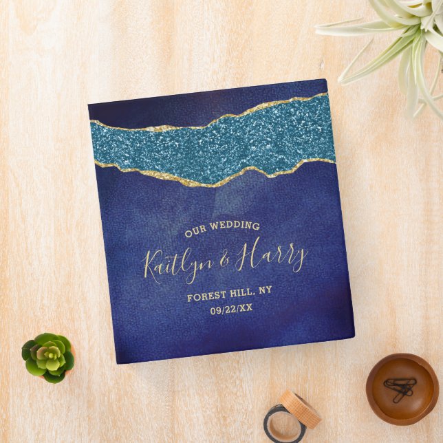 Navy Blue & Gold Agate Wedding 3 Ring Binder (In Situ)