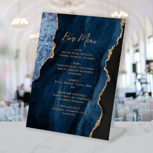 Navy Blue Gold Agate Wedding Bar Menu Pedestal Sign