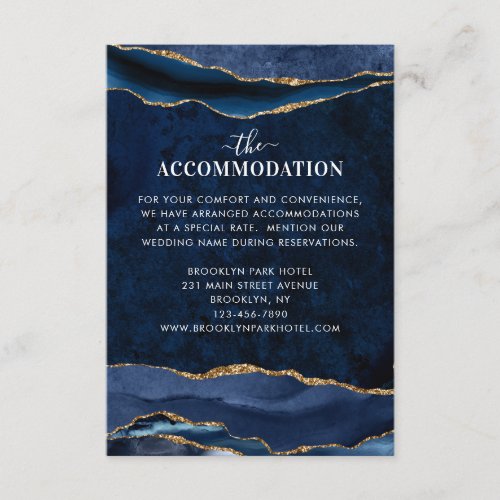 Navy Blue Gold Agate Wedding Details Accommodation Enclosure Card