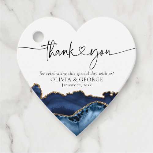 Navy Blue Gold Agate Wedding Heart Favor Tags