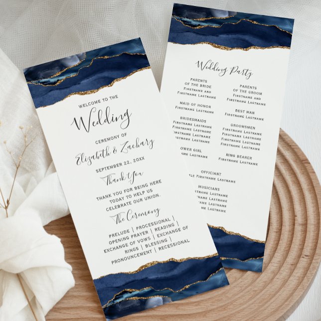 Navy Blue Gold Agate Wedding Program (Creator Uploaded)