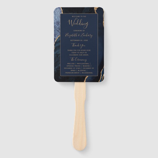 Navy Blue Gold Agate Wedding Program Hand Fan (Front)